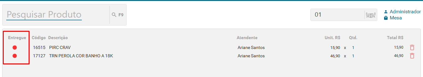 Exemplo de controle de status de entrega por item no pedido de venda no PDV.