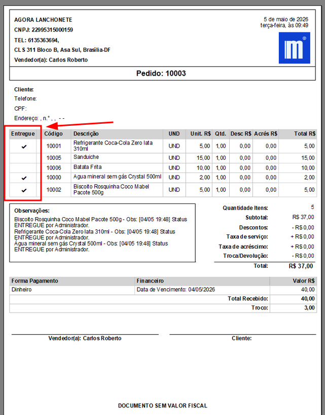 Relatório de pedidos com coluna Entregue para itens marcados como entregues.