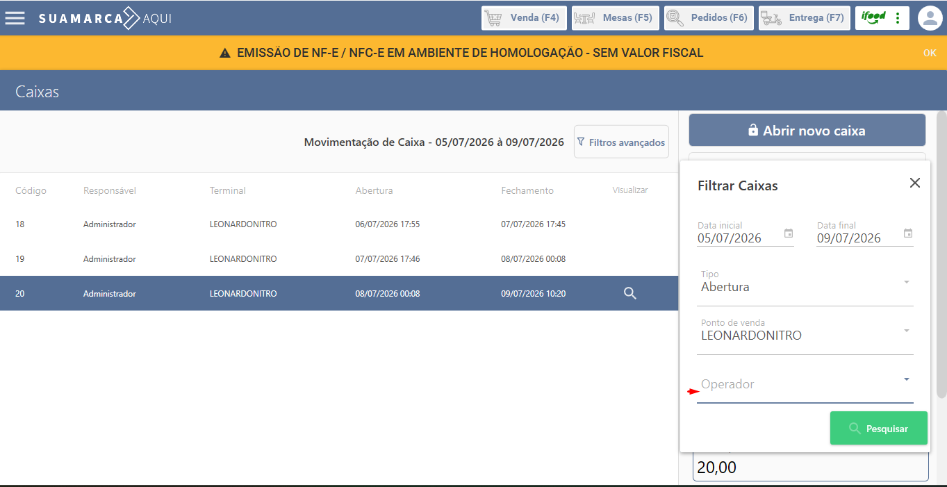 Exemplo visual - Restrição de consulta de caixa por perfil