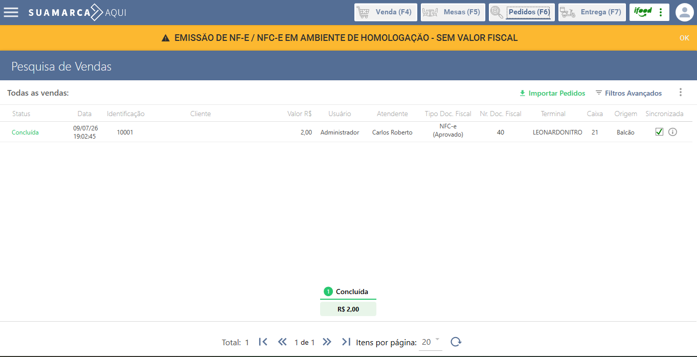 Exemplo visual - Identificação da venda nos documentos fiscais