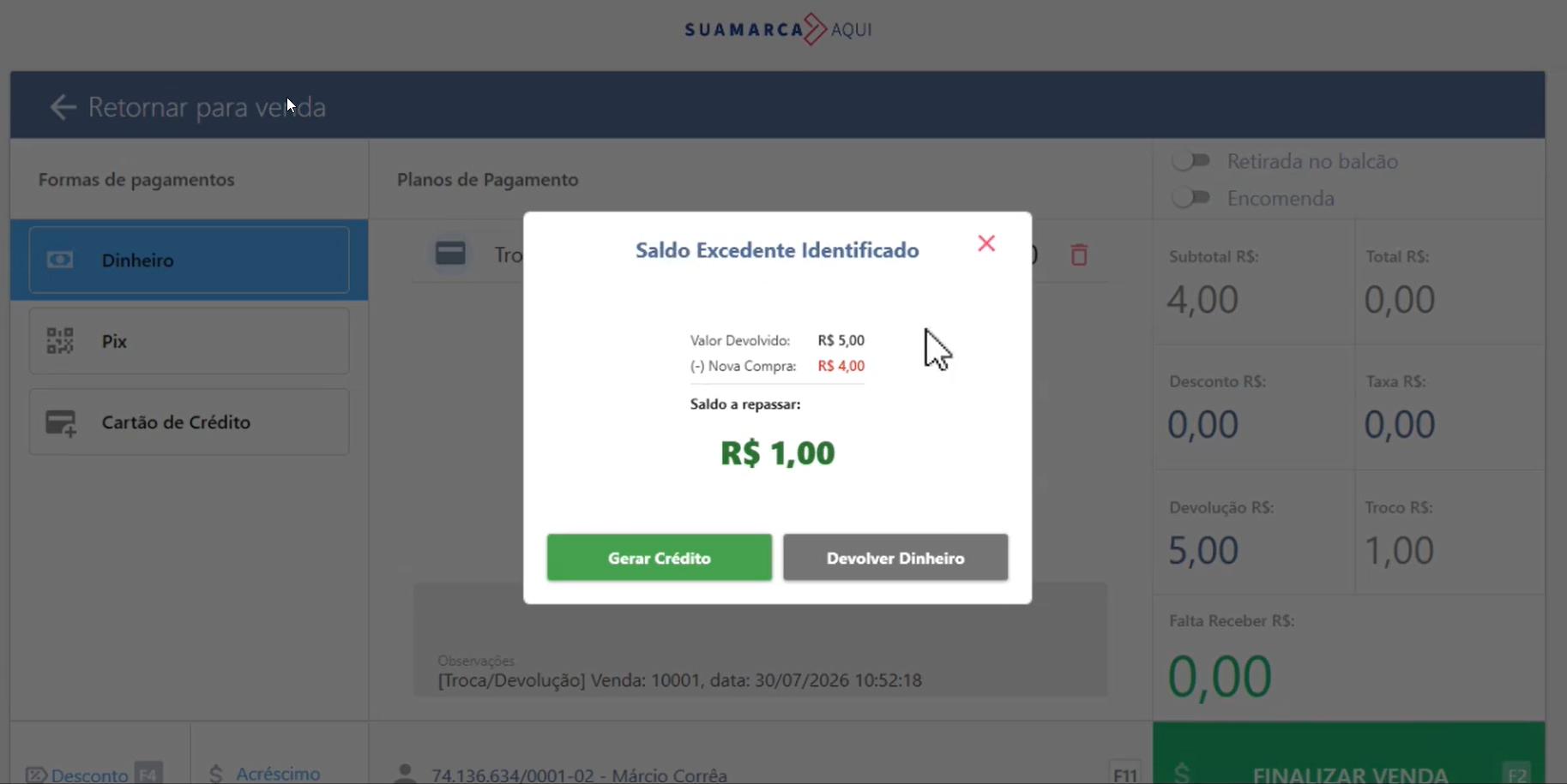 Exemplo visual - Crédito do cliente em troca com diferença de valor